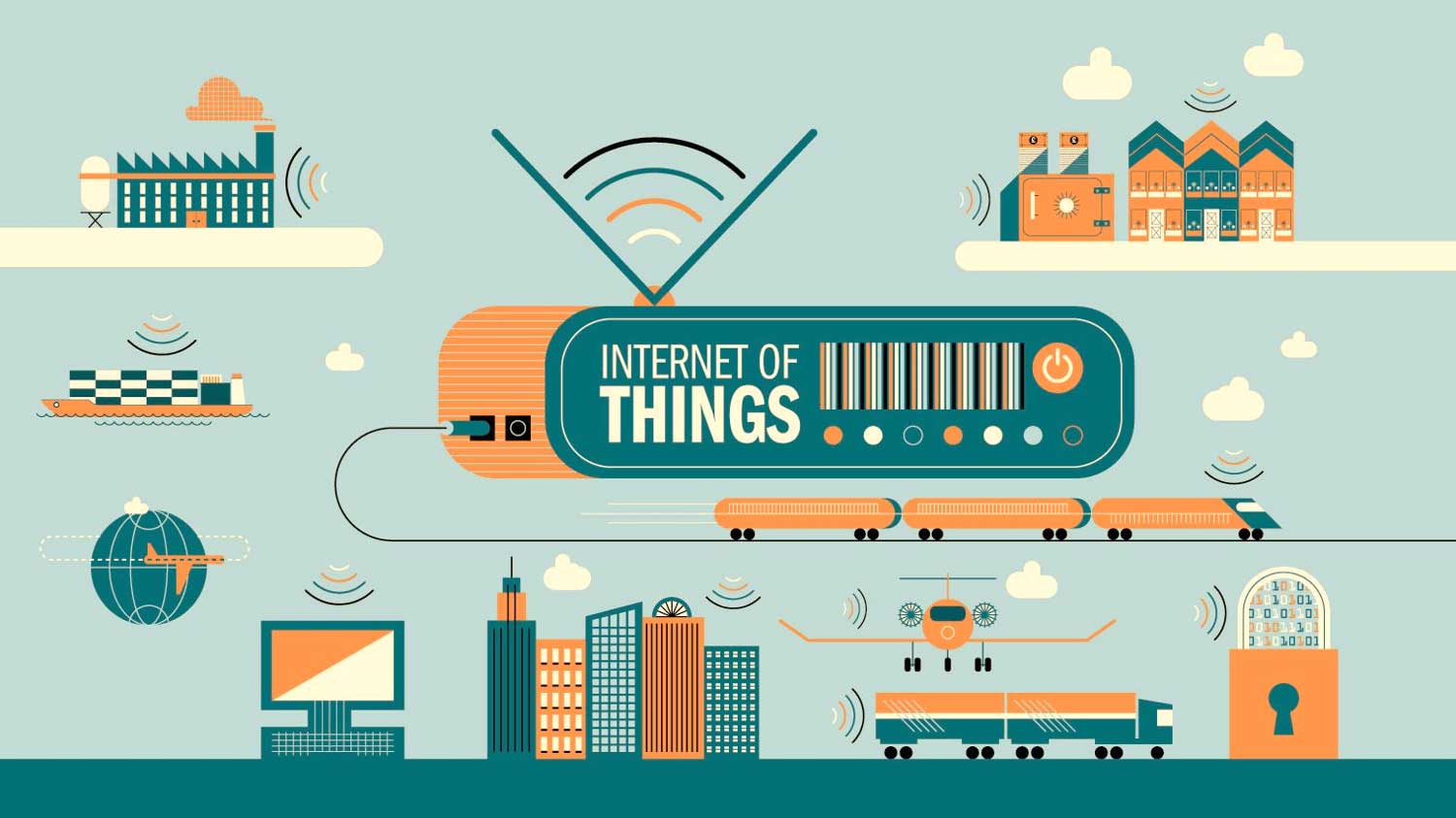 Illustration of an Internet of Things router linked to a factory, port, city, train and padlock