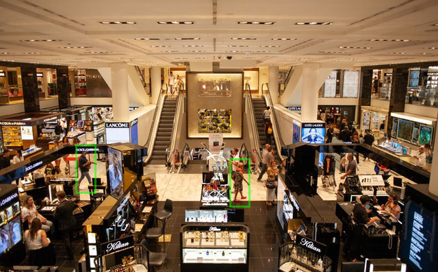 High view of a busy shopping hall with people and displays and a few green tracking boxes on shoppers