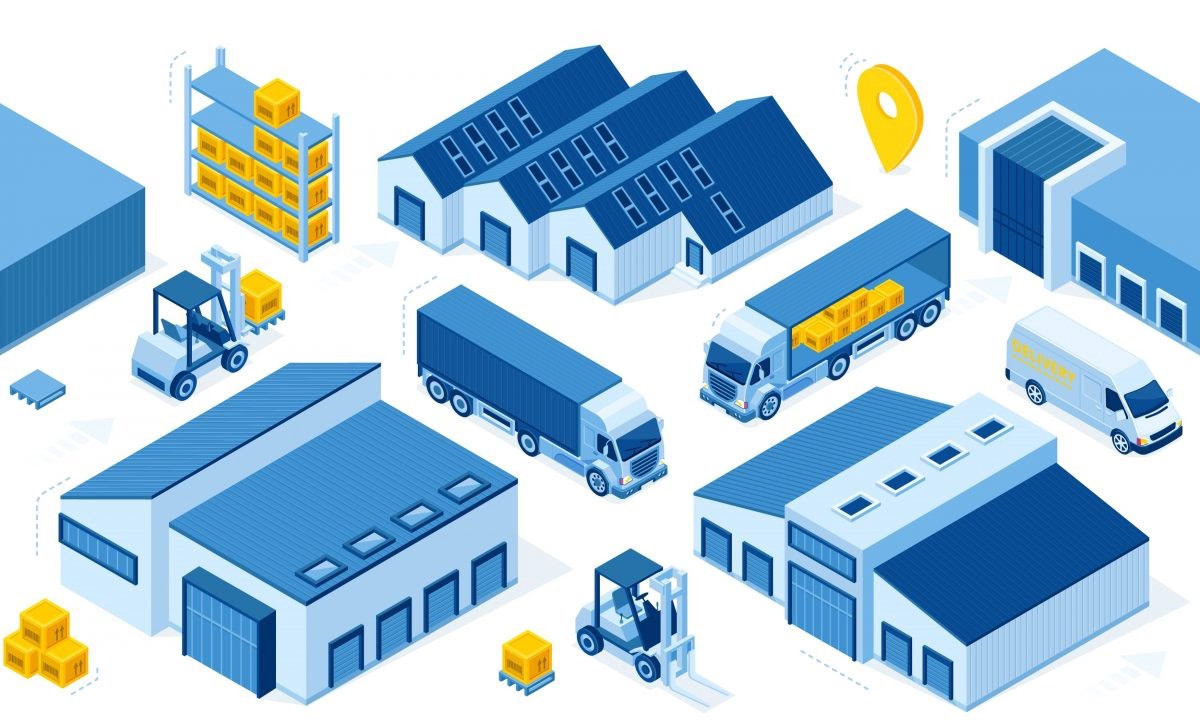 Isometric illustration of trucks moving between warehouses, docks and a yard