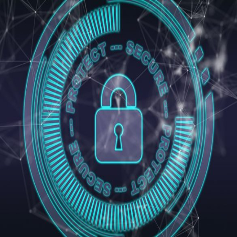 Padlock inside a circular glowing ring on a dark digital network background