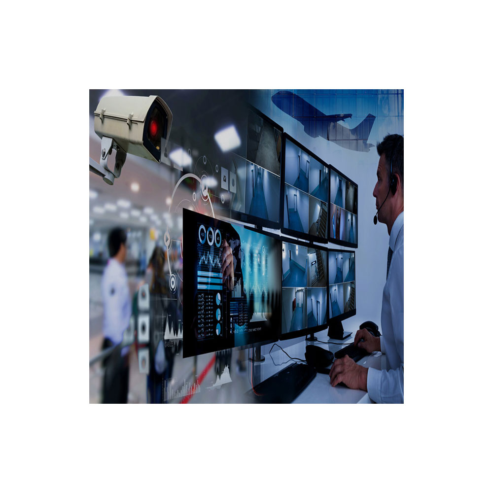 Security operators watching a wall of CCTV monitors in a control room