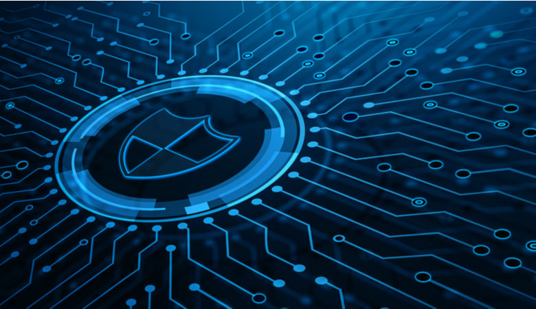 Blue circuit board pattern with a glowing shield symbol in a circle