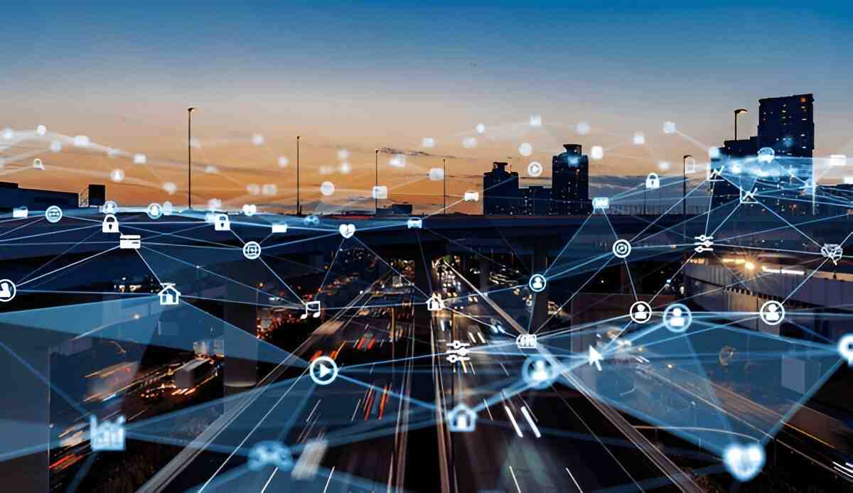 Connected city traffic network with data nodes linking roads and buildings