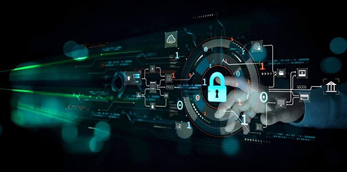 Glowing padlock icon inside a digital network with green light streaks on a dark background
