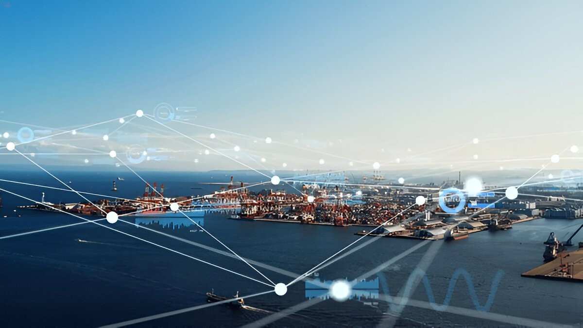 Digital network lines overlaid on a port and the sea at dusk