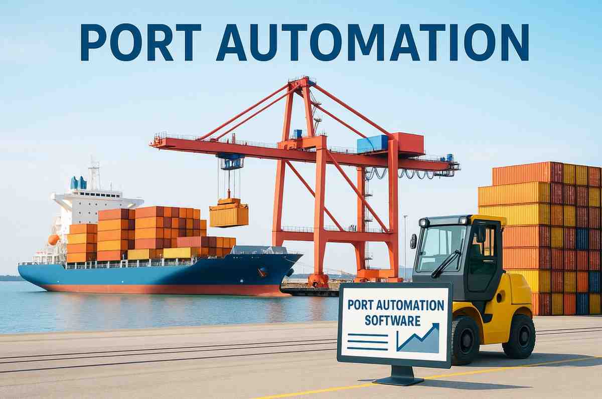 Port quay with a ship, crane and a monitor showing port automation software