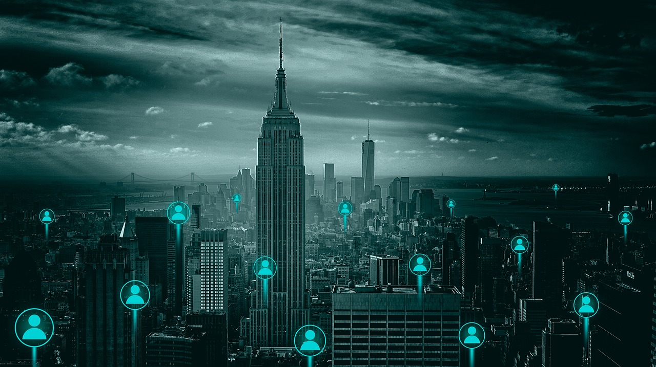 City skyline with connected people network