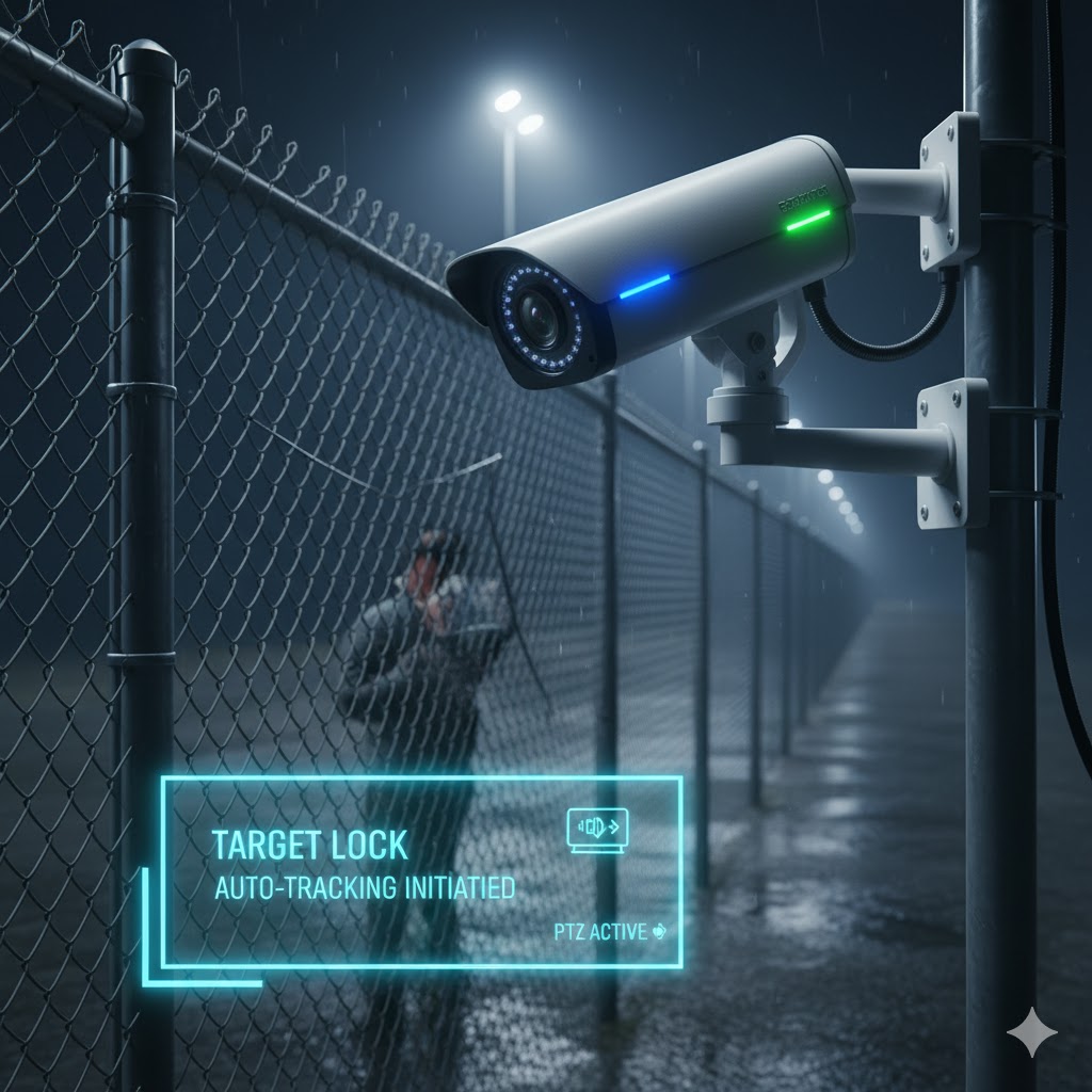 Camera on a fence post at night with a target lock tracking label on screen