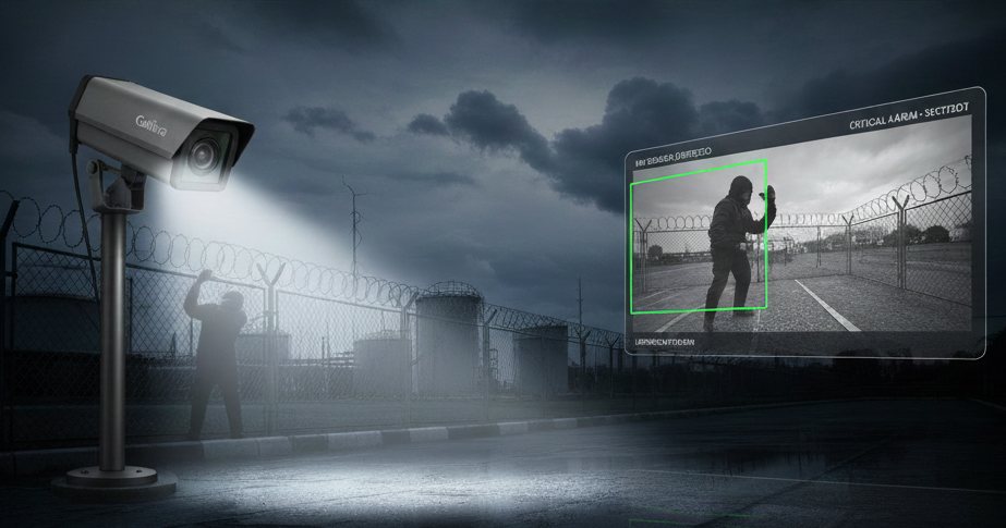 Security camera on a post under a floodlight at night, with a detection box shown on a screen beside it