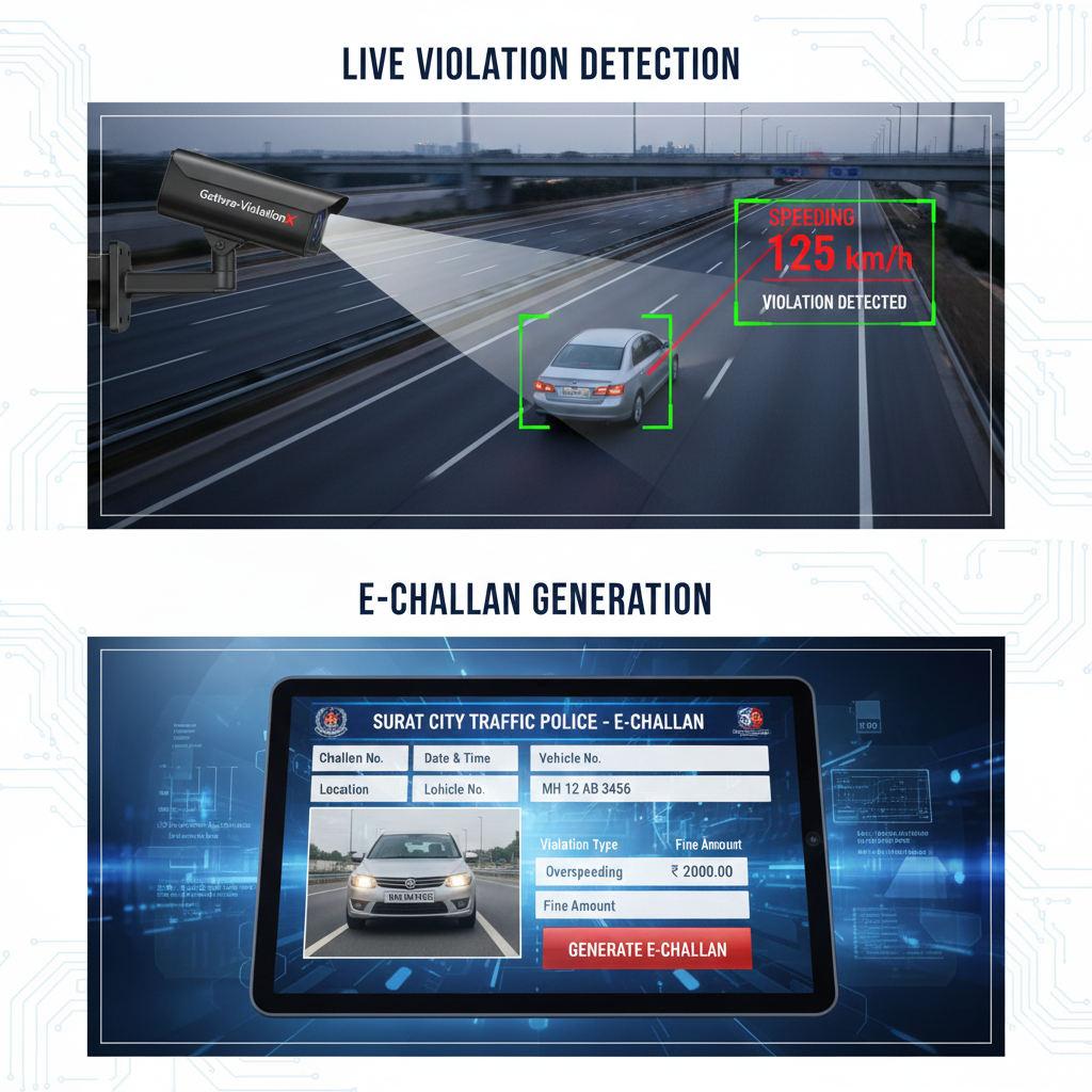 Traffic violation detection camera view and e-challan generation screen used by city traffic police