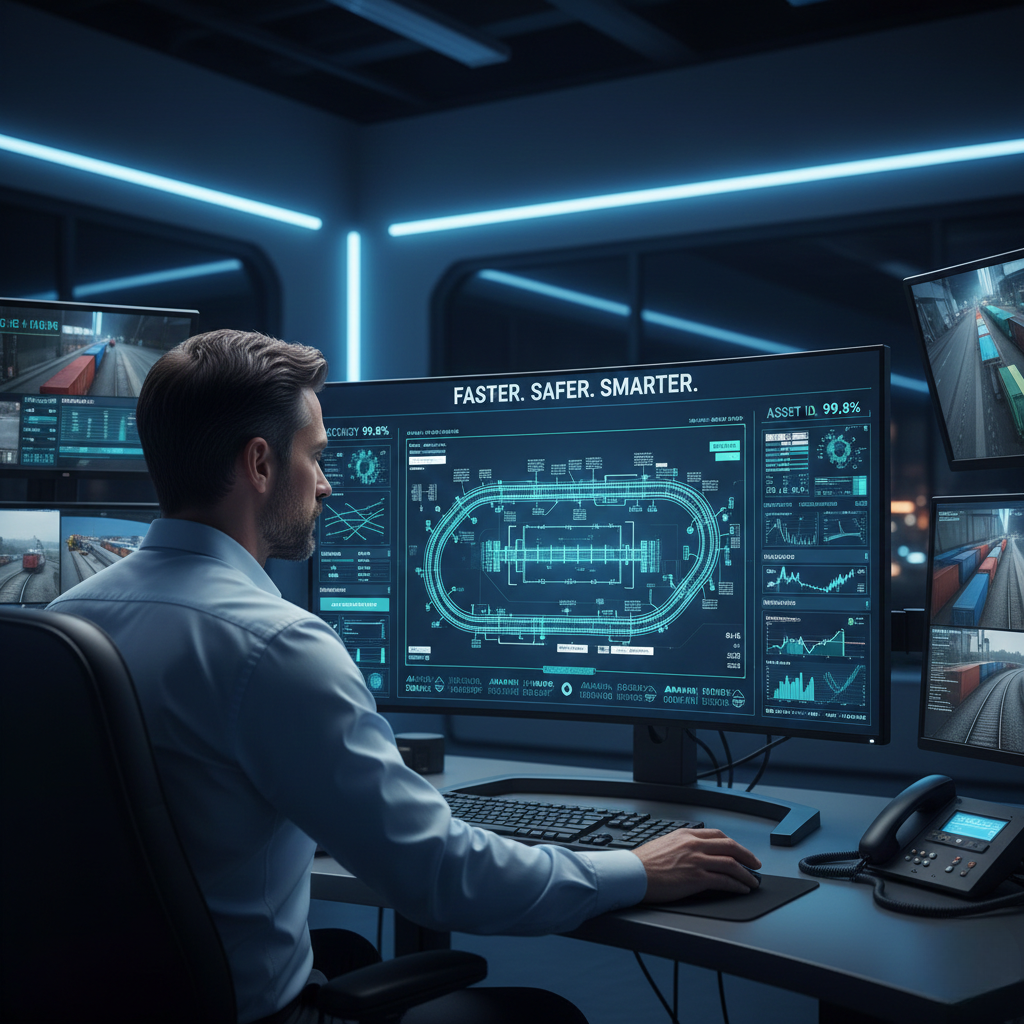 Rail operations controller monitoring track and train data on several screens in a control room