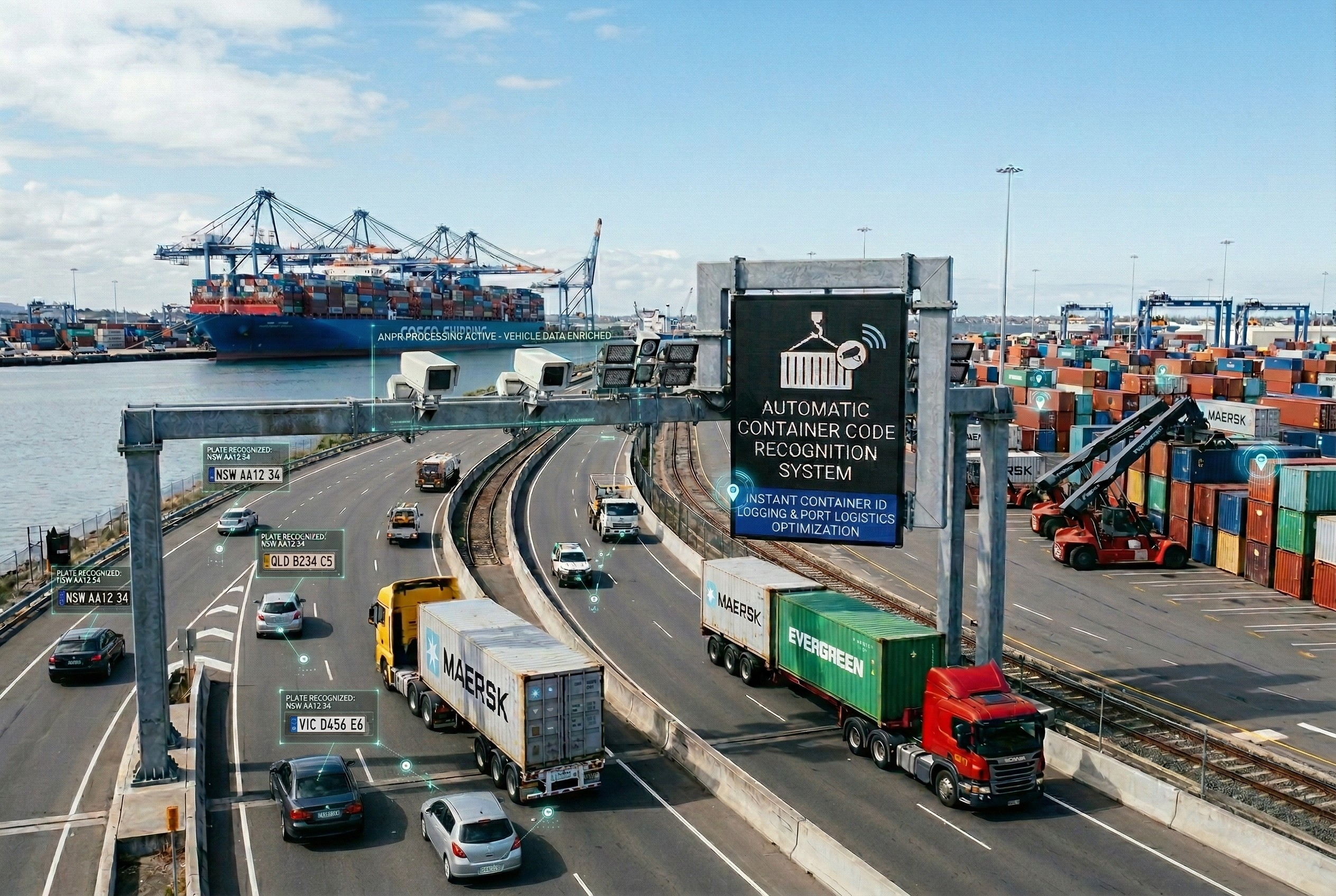 Port yard gate with container code recognition system and trucks passing through automated lanes