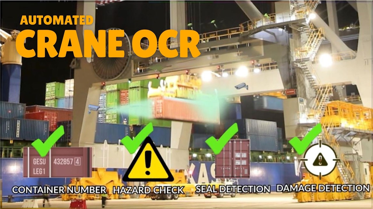 Automated crane OCR graphic over a quay crane lifting a container, with number, seal and damage checks