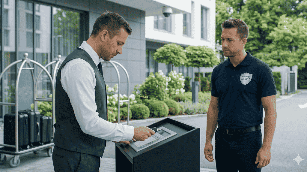 Man pressing a touchscreen console on a stand while a uniformed security guard stands beside him