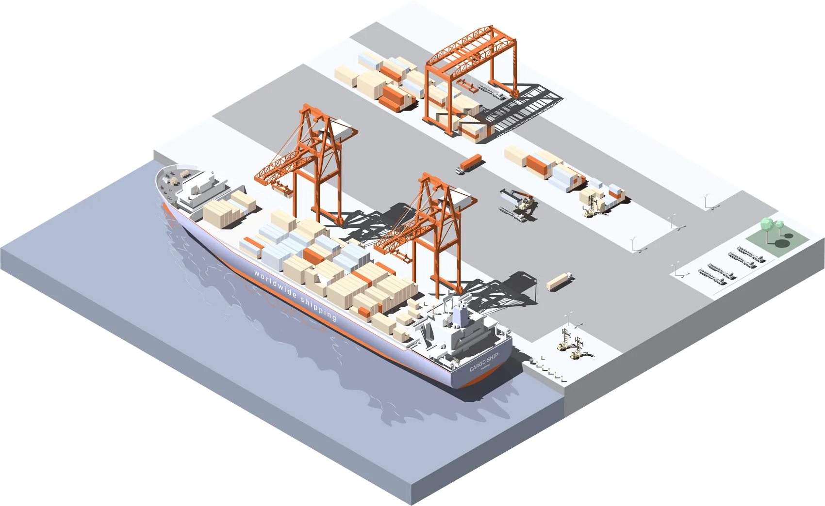 Container port with ship-to-shore cranes and HD crane camera scanning a container
