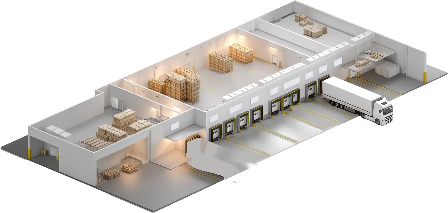 Warehouse cutaway with trucks at loading docks, dock camera and CountX vision AI camera