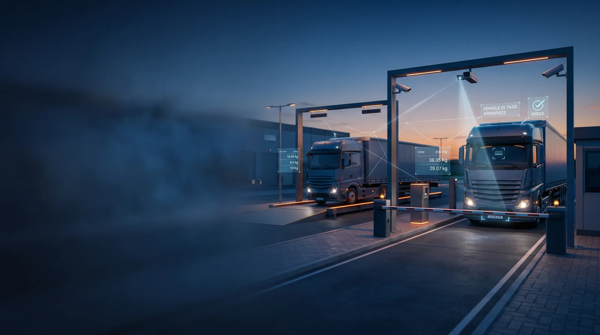 ANPR camera scanning a truck number plate at an automated boom-barrier gate with an unmanned weighbridge – smart logistics automation by Suraj Informatics