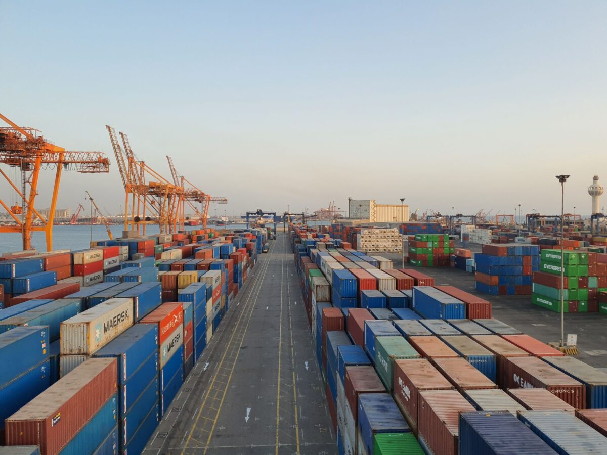 Container port and logistics yard where trucks are weighed on weighbridges